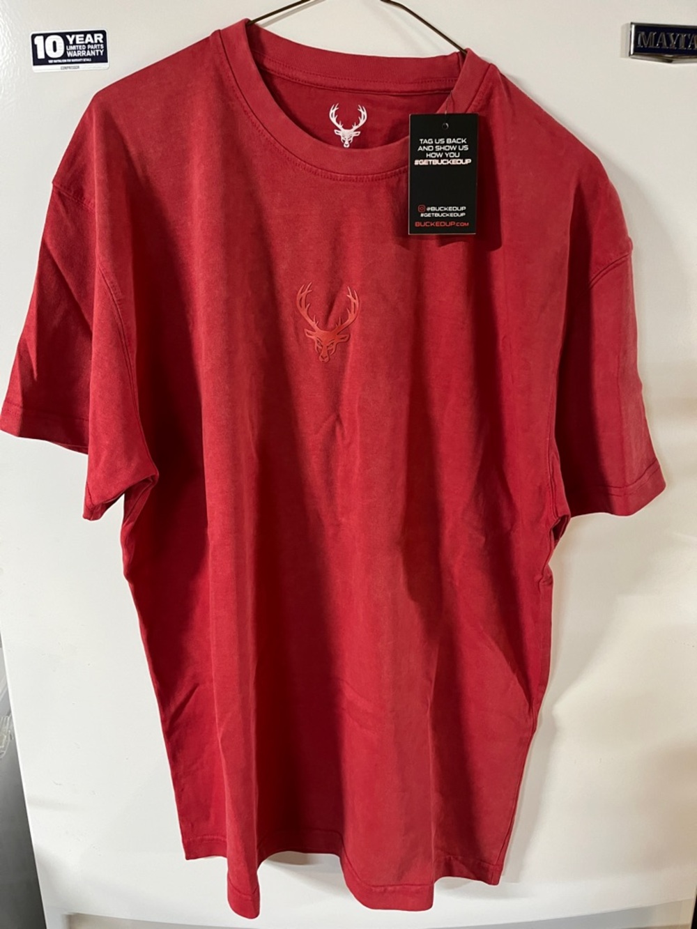Bucked Up Men's Red Crewneck Short-Sleeve Tee with Subtle Stag Emblem